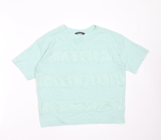 Marks and Spencer Womens Green Striped Polyester Blend Basic T-Shirt Size 10 Round Neck - lace detail