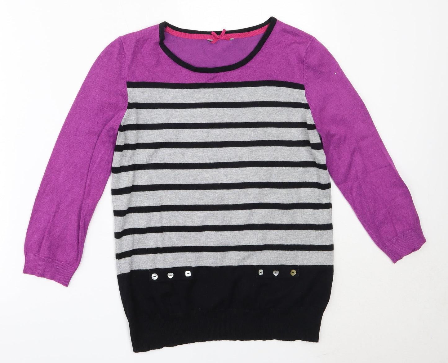 Preworn Womens Purple Round Neck Striped Viscose Pullover Jumper Size 12