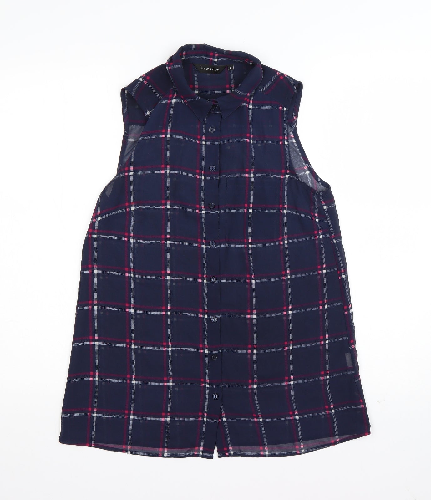 New Look Womens Blue Check Polyester Basic Button-Up Size 8 Collared