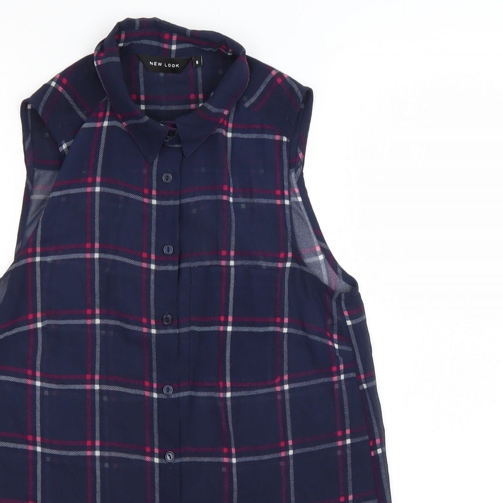 New Look Womens Blue Check Polyester Basic Button-Up Size 8 Collared