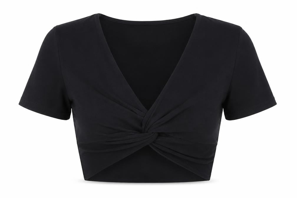 PRETTYLITTLETHING Womens Black  Polyester Cropped T-Shirt Size 6 V-Neck
