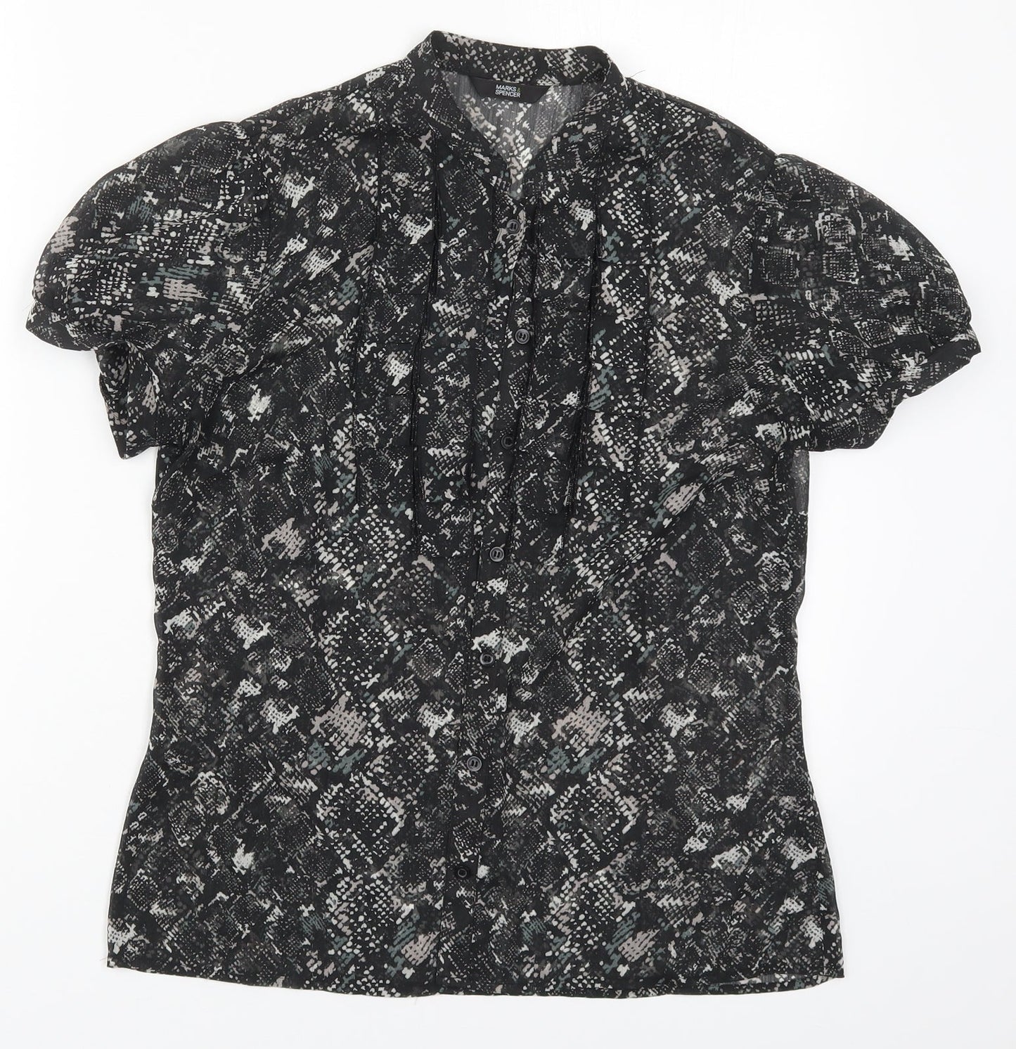Marks and Spencer Womens Black Animal Print Polyester Basic Button-Up Size 12 Round Neck