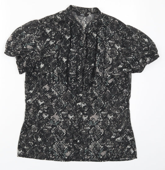 Marks and Spencer Womens Black Animal Print Polyester Basic Button-Up Size 12 Round Neck