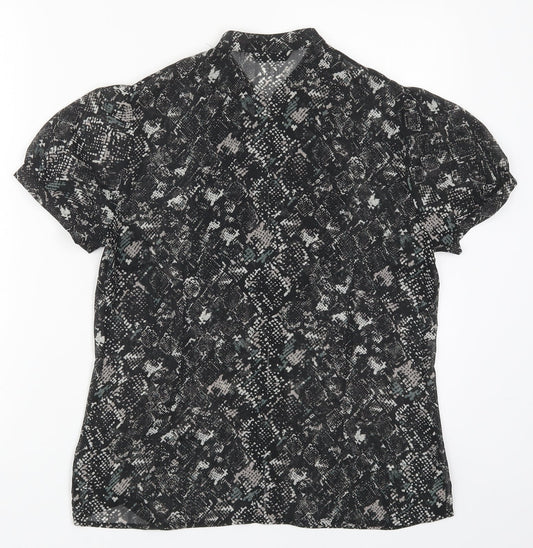 Marks and Spencer Womens Black Animal Print Polyester Basic Button-Up Size 12 Round Neck