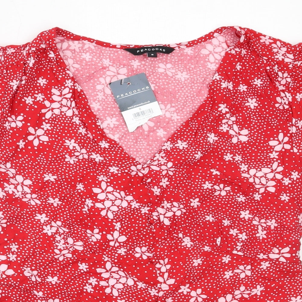 Peacocks Womens Red Floral Viscose Basic Blouse Size 8 V-Neck