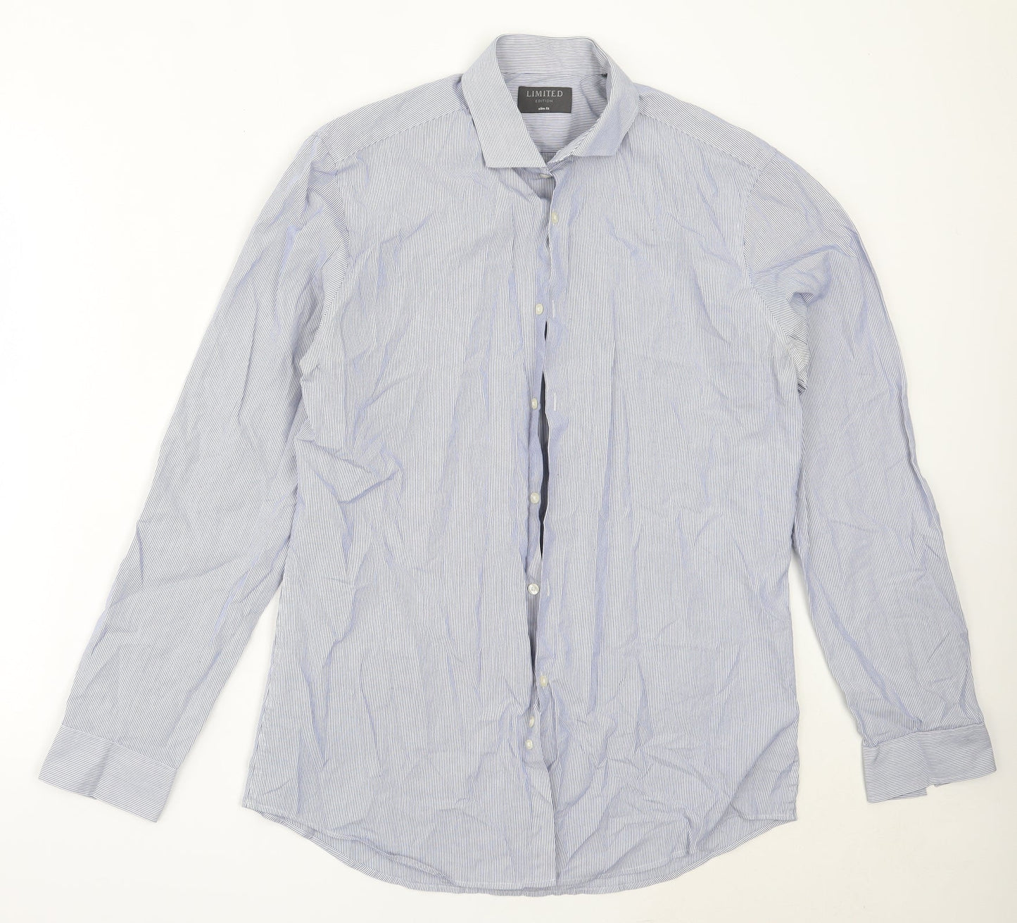 Marks and Spencer Mens Blue Striped Cotton  Button-Up Size 16 Collared
