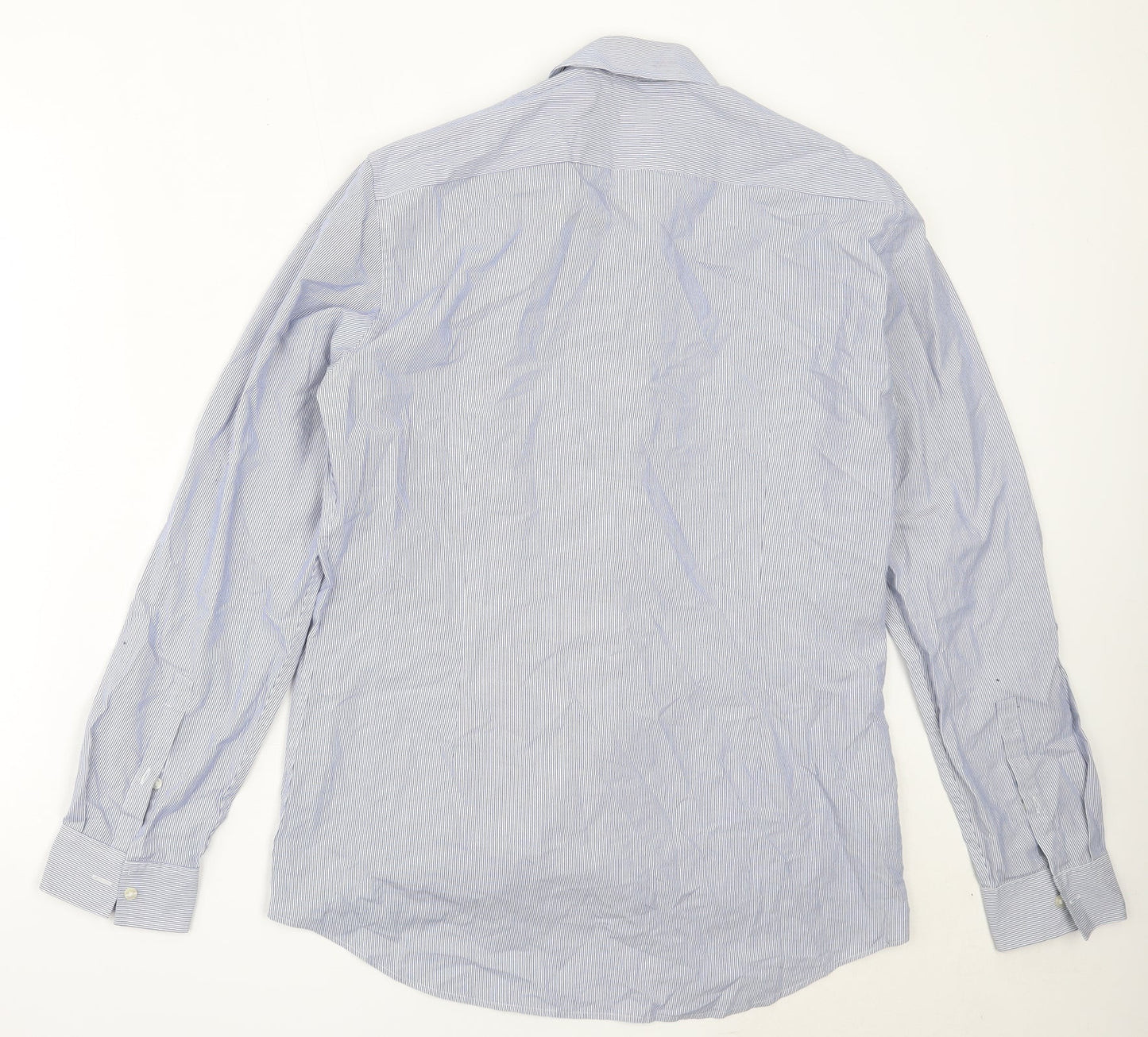Marks and Spencer Mens Blue Striped Cotton  Button-Up Size 16 Collared