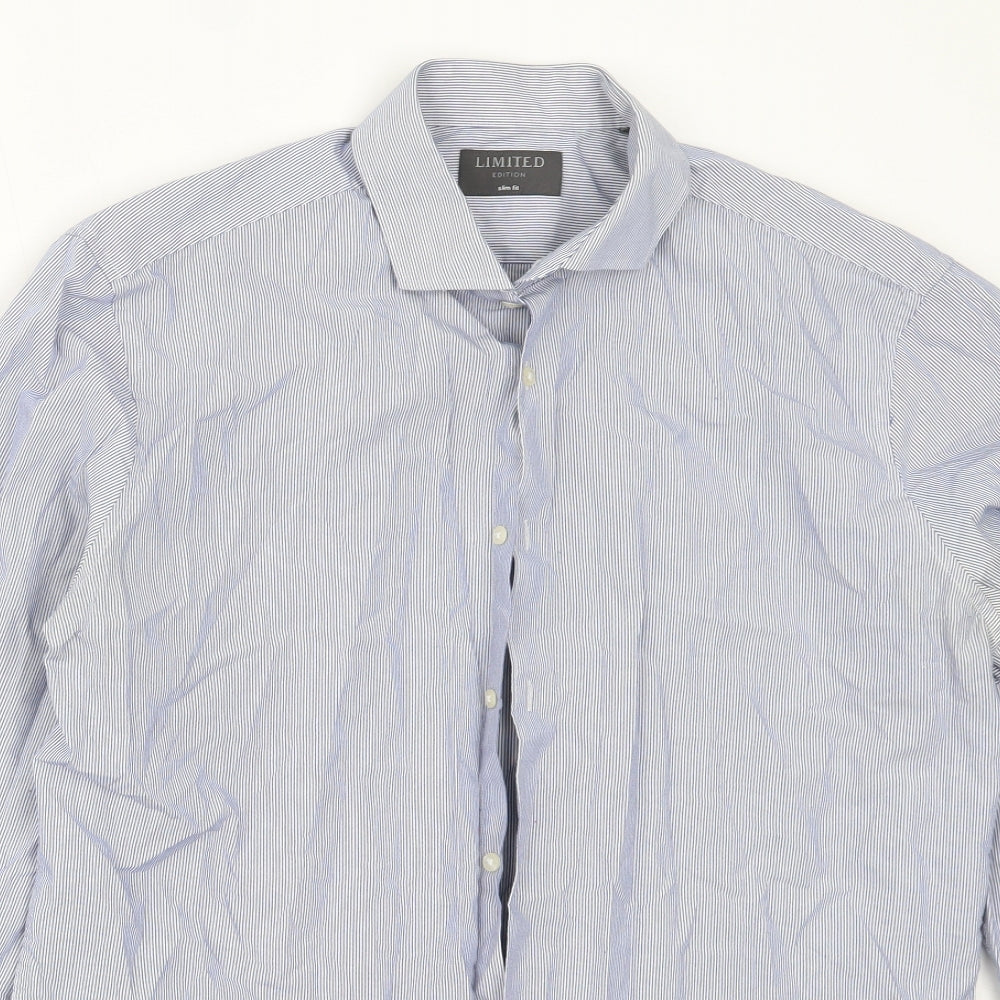 Marks and Spencer Mens Blue Striped Cotton  Button-Up Size 16 Collared
