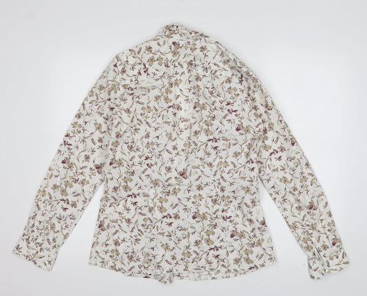 Eddie Bauer Mens Ivory Floral Cotton  Button-Up Size M Collared Button