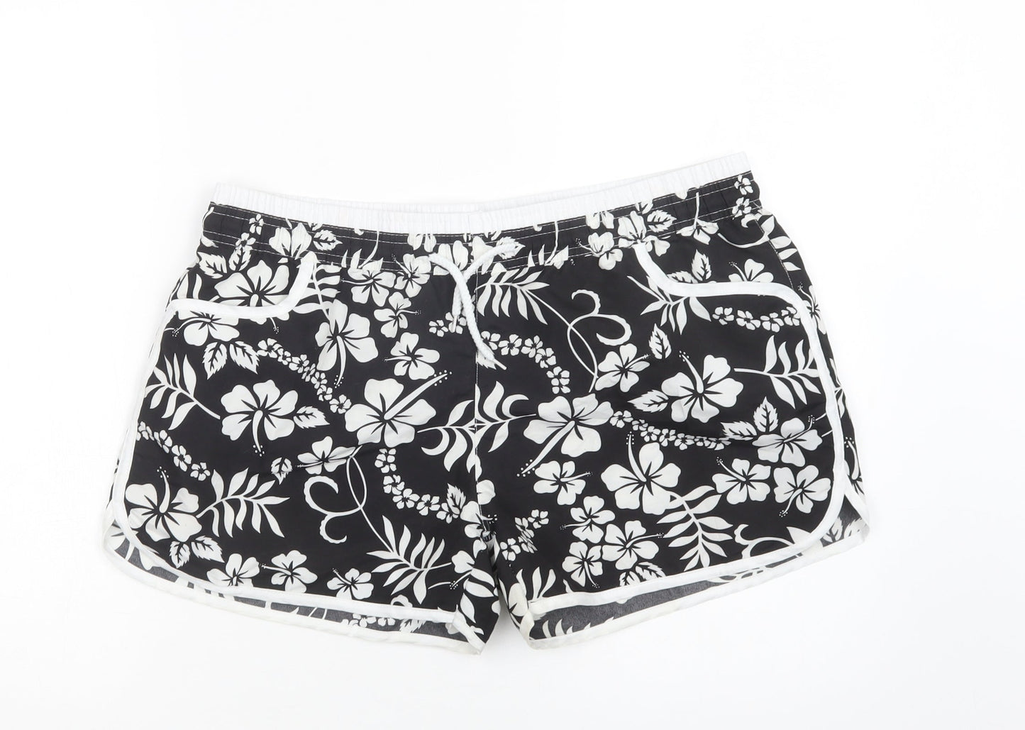 Preworn Womens Black Floral Cotton Bermuda Shorts Size L L4 in Regular Drawstring