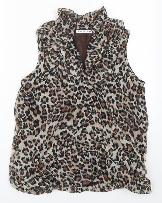 Select Womens Brown Animal Print Polyester Basic Blouse Size 12 V-Neck