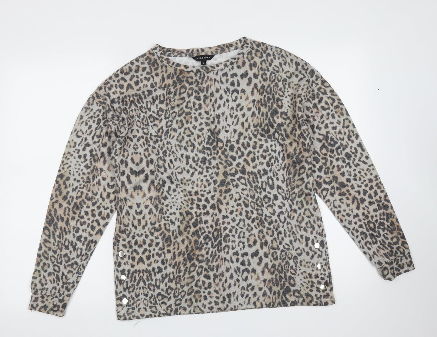 Peacocks Womens Beige Round Neck Animal Print Polyester Pullover Jumper Size 8