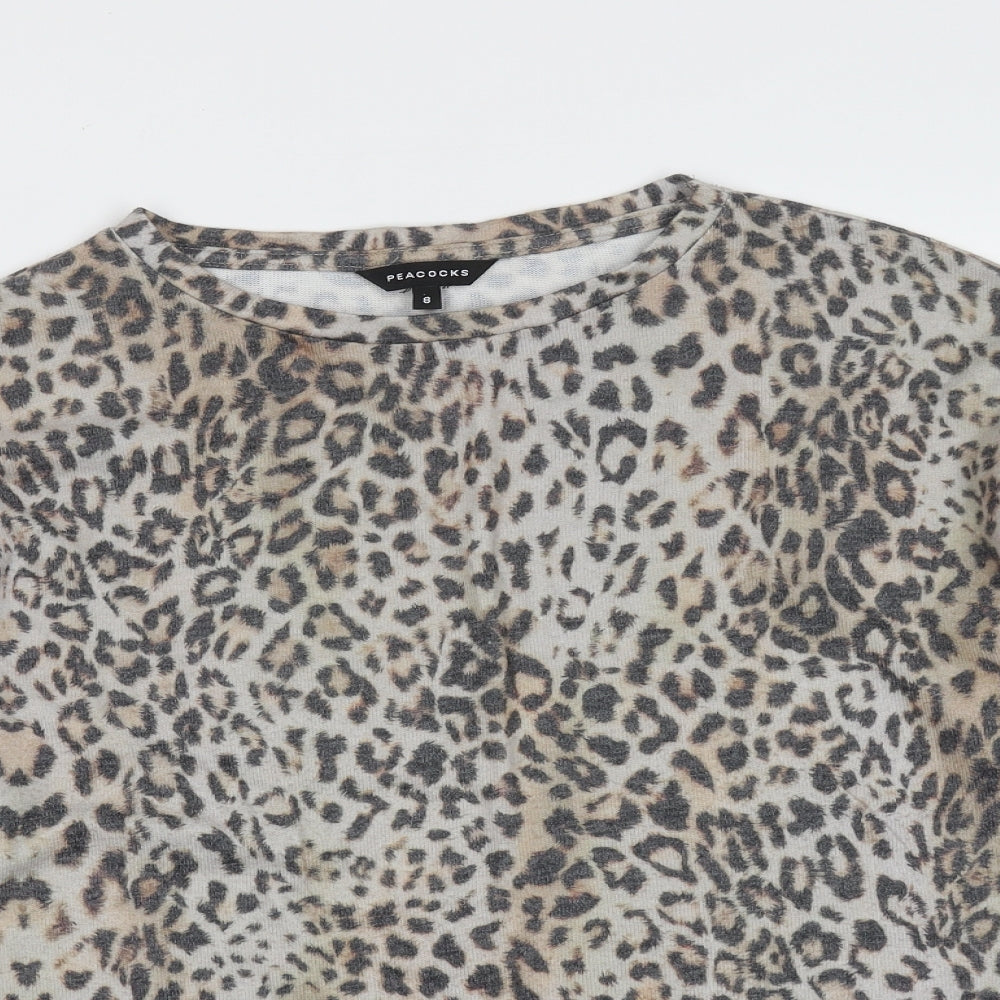 Peacocks Womens Beige Round Neck Animal Print Polyester Pullover Jumper Size 8