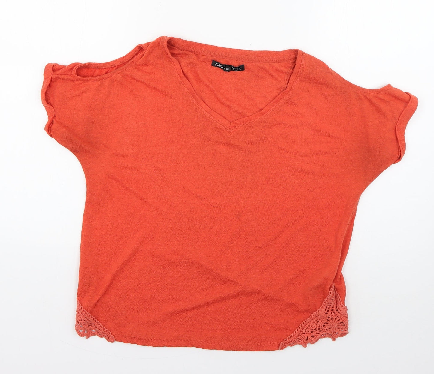 NEXT Womens Orange  Polyester Basic T-Shirt Size 8 V-Neck - crochet detail