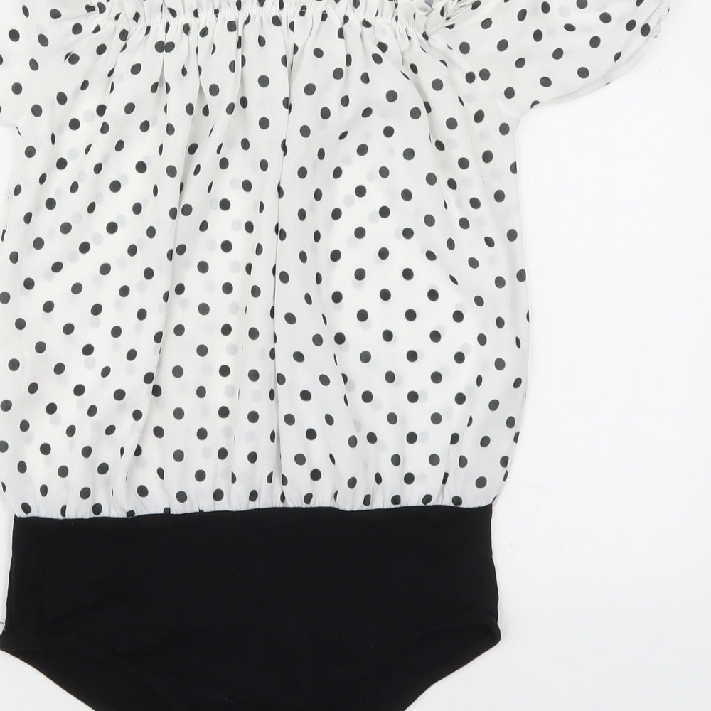 Boohoo Womens White Polka Dot Polyester Bodysuit One-Piece Size 6  Pullover - Black and White