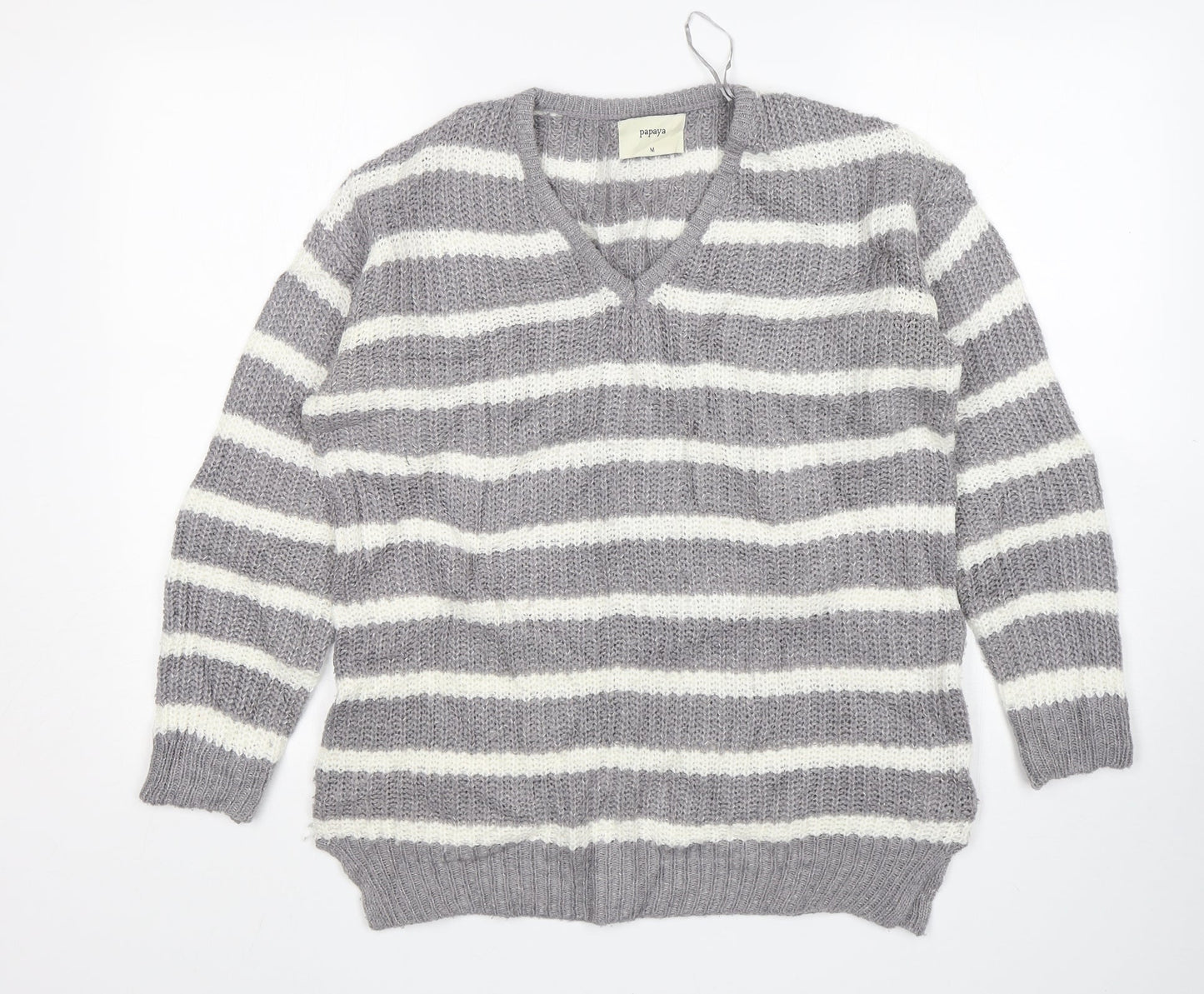 Papaya Womens Grey V-Neck Striped Acrylic Pullover Jumper Size M
