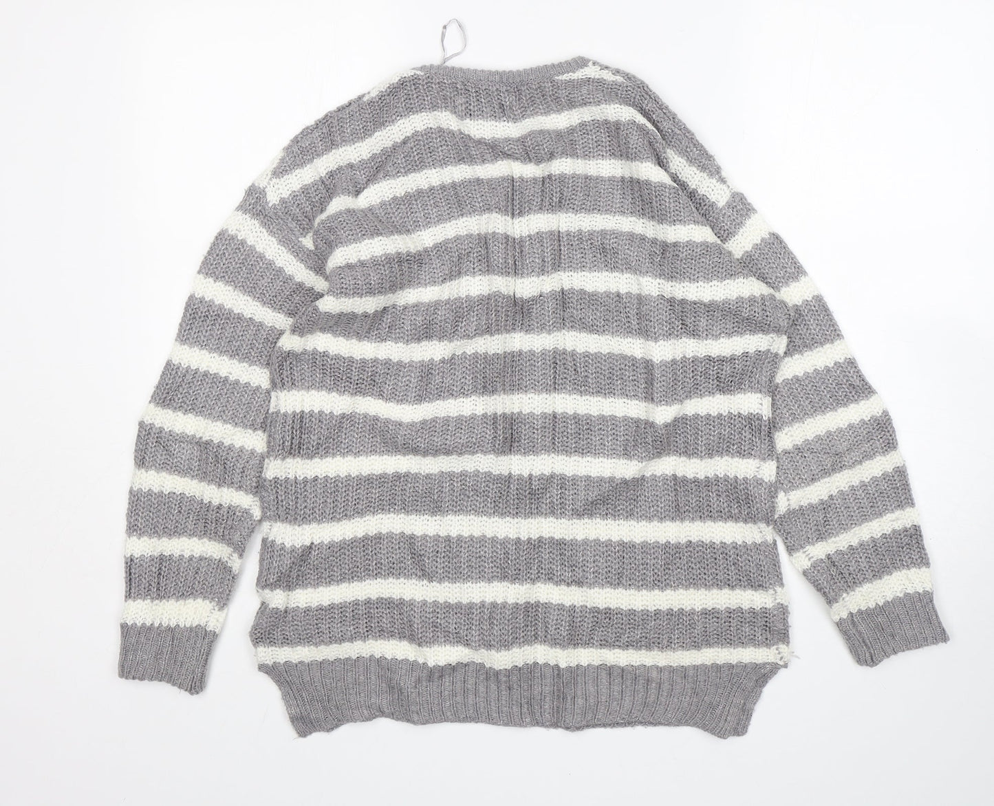 Papaya Womens Grey V-Neck Striped Acrylic Pullover Jumper Size M