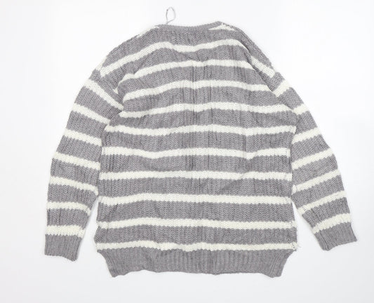 Papaya Womens Grey V-Neck Striped Acrylic Pullover Jumper Size M