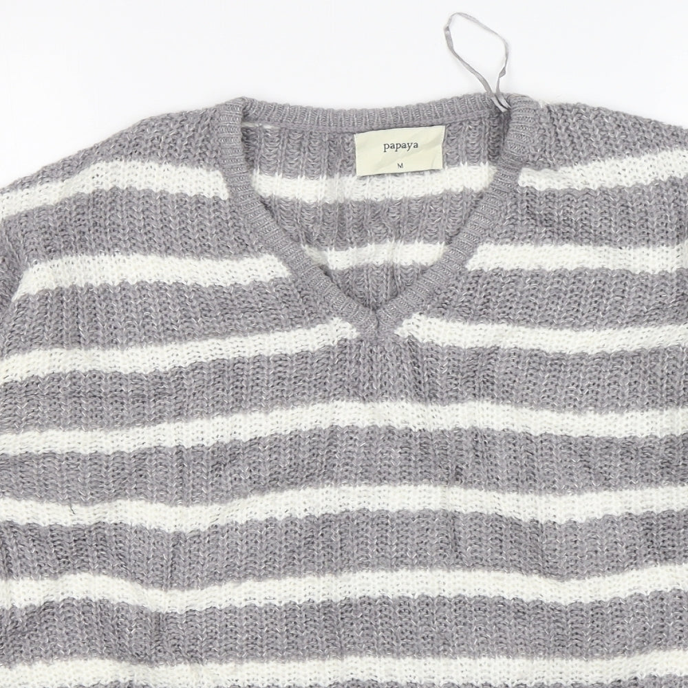 Papaya Womens Grey V-Neck Striped Acrylic Pullover Jumper Size M