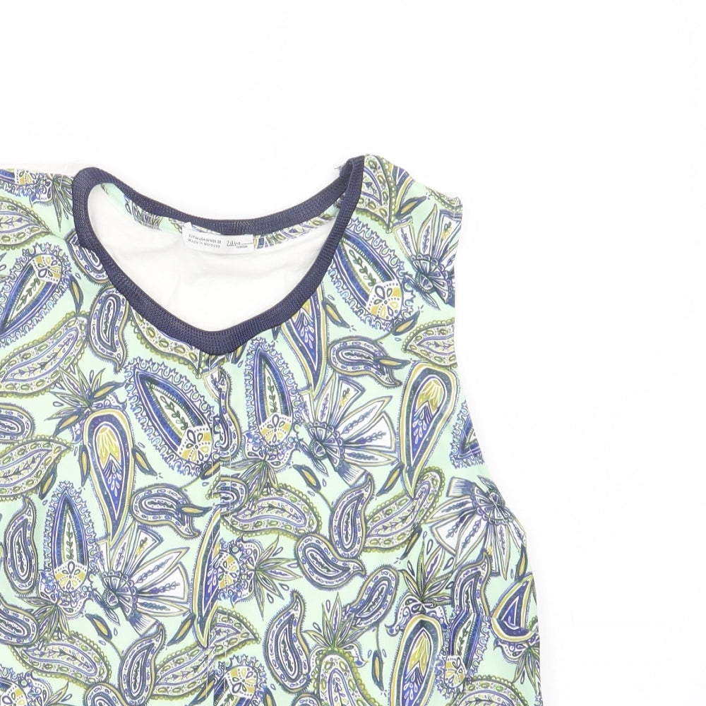 Zara Womens Green Paisley Viscose Basic Blouse Size M Crew Neck