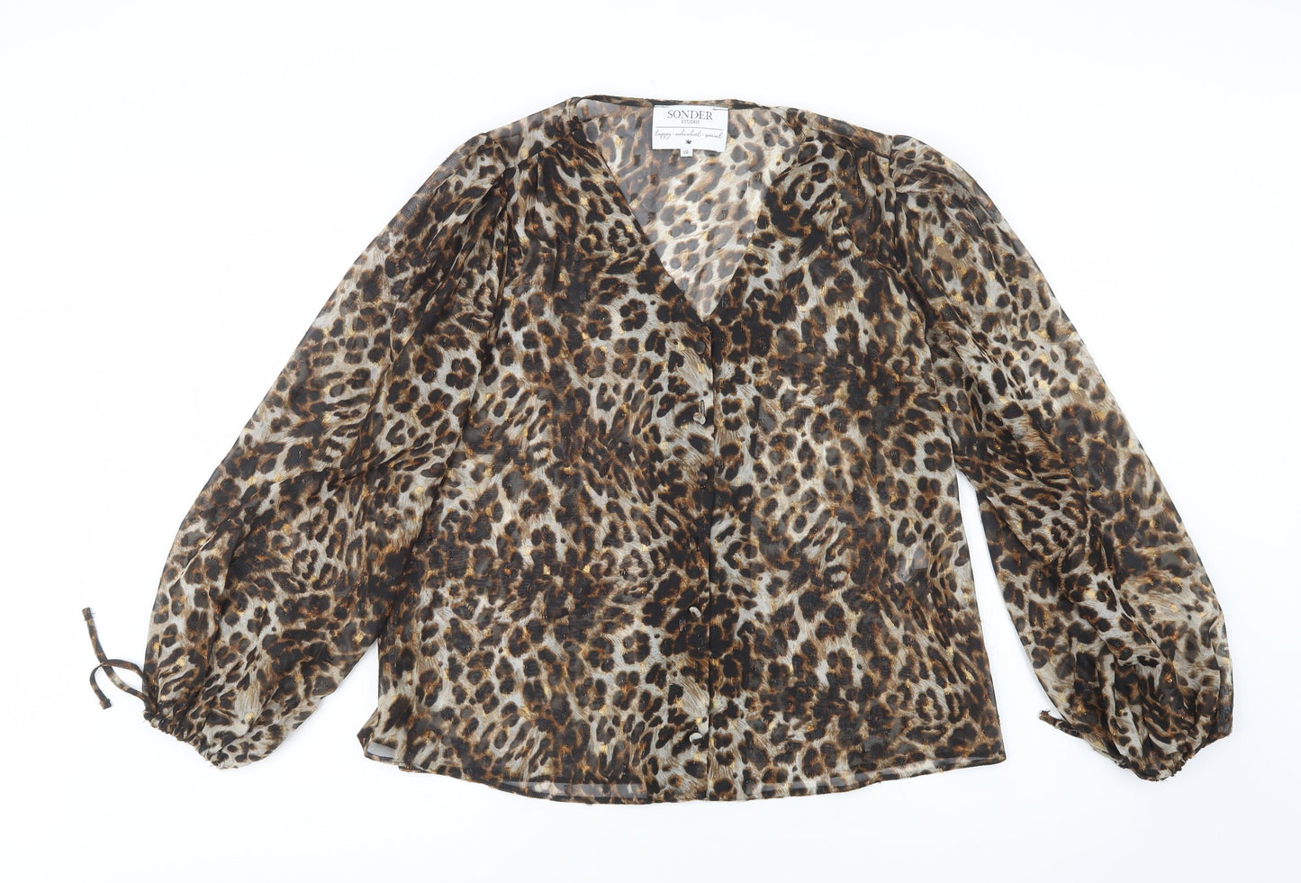 Sonder Studio Womens Brown Animal Print Polyacrylate Fibre Basic Blouse Size 10 V-Neck