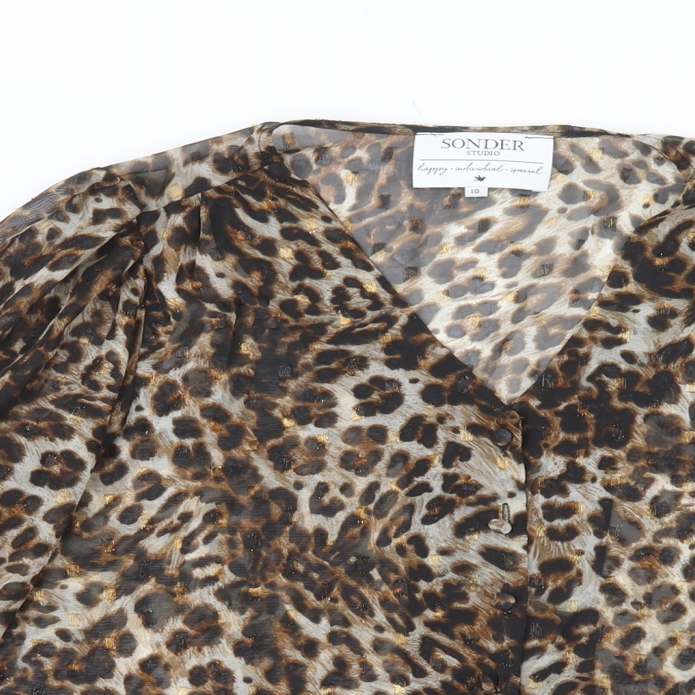 Sonder Studio Womens Brown Animal Print Polyacrylate Fibre Basic Blouse Size 10 V-Neck