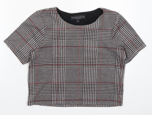 Topshop Womens Black Houndstooth Polyester Cropped T-Shirt Size 8 Round Neck