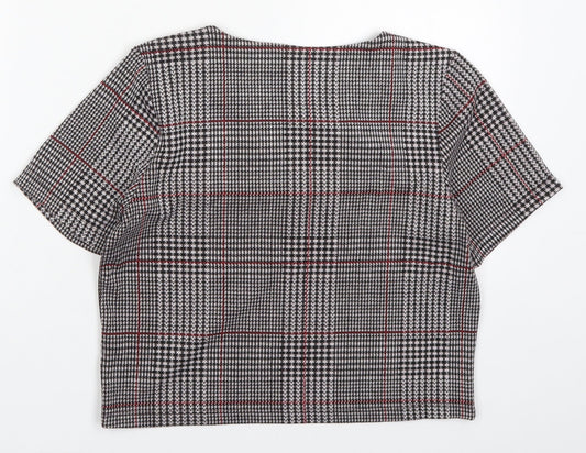 Topshop Womens Black Houndstooth Polyester Cropped T-Shirt Size 8 Round Neck