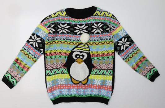 Preworn Womens Multicoloured Geometric Acrylic Pullover Sweatshirt Size L Pullover - Penguin