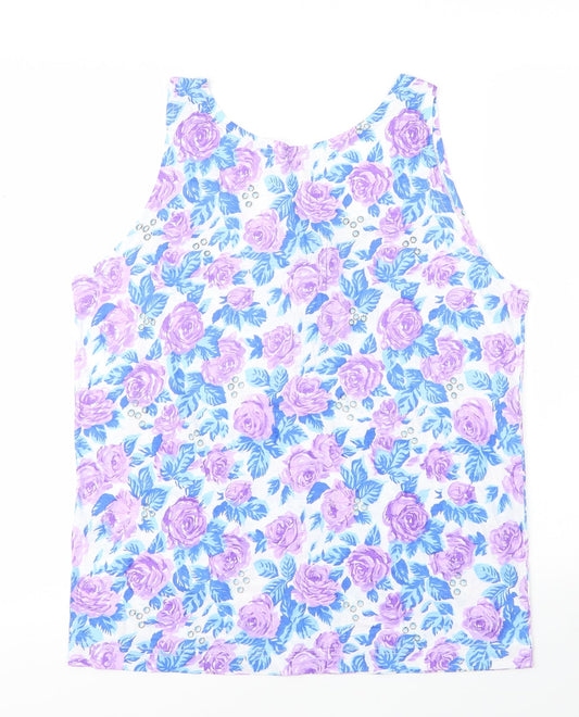 Memo Womens Purple Floral Cotton Basic Tank Size M Round Neck