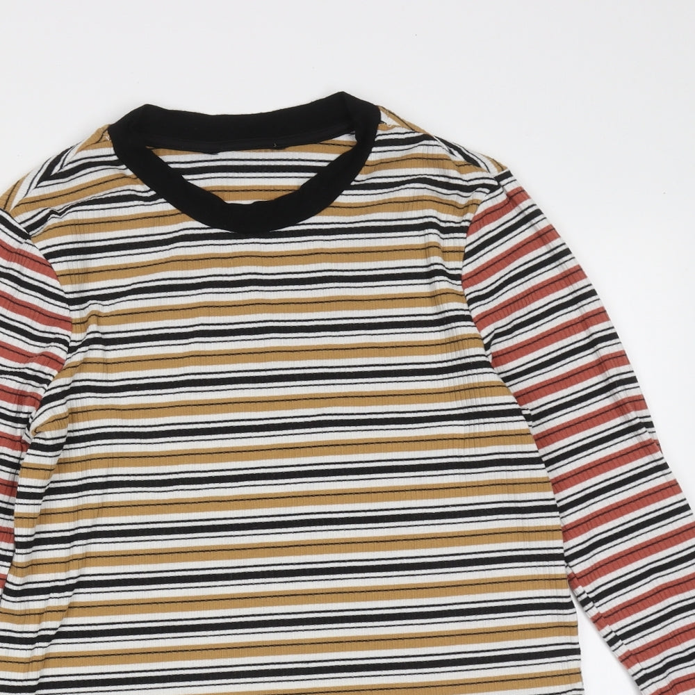 Preworn Womens Beige Striped Polyester Basic T-Shirt Size XS Round Neck
