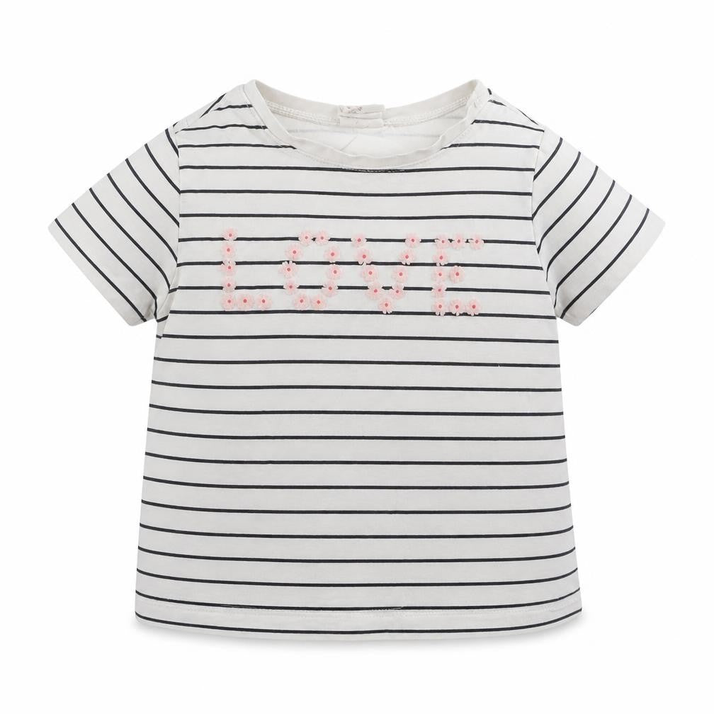 H&M Girls White Striped Cotton Basic T-Shirt Size 9-12 Months Round Neck  - love