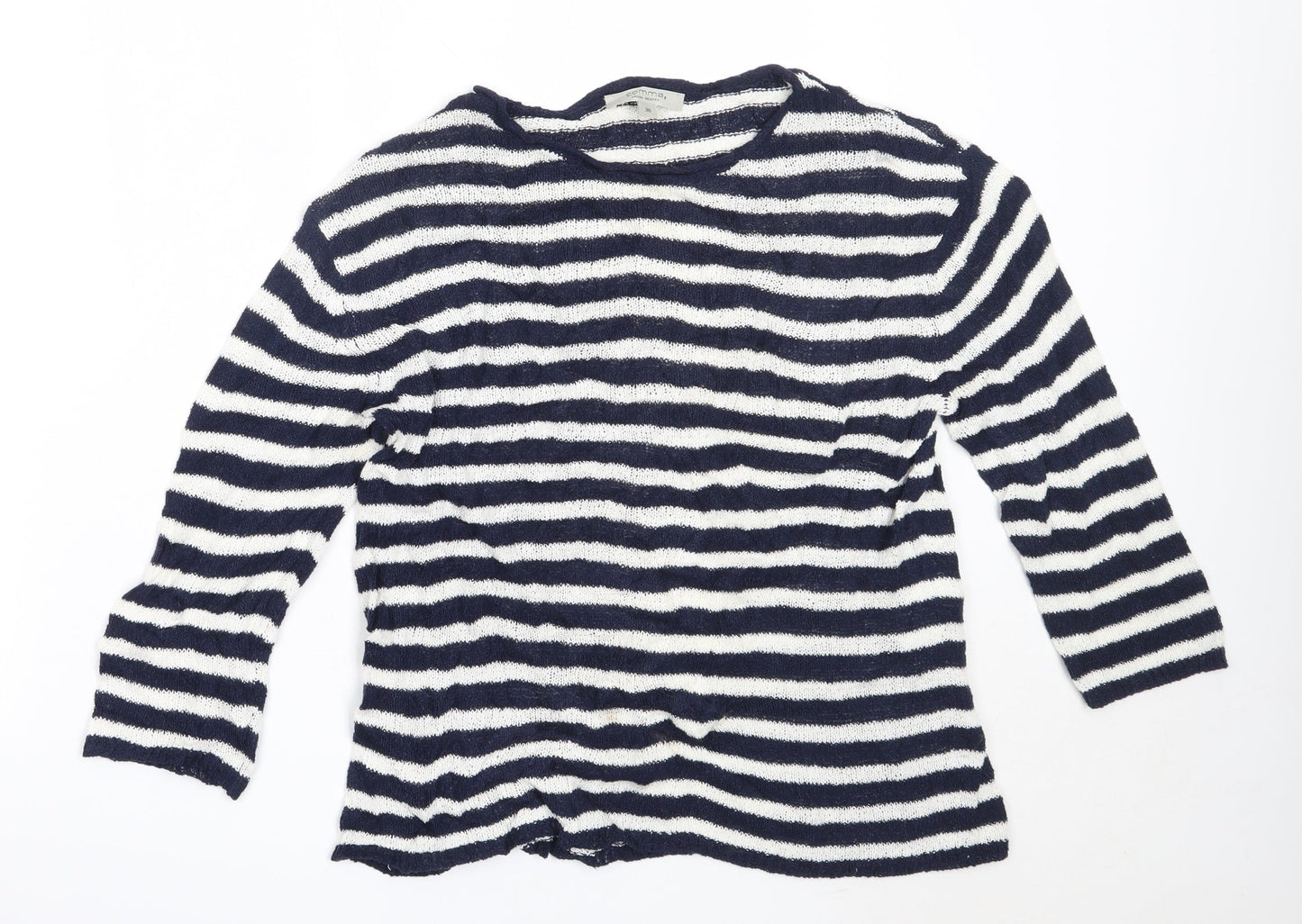 Comma Womens Blue Round Neck Striped Cotton Pullover Jumper Size 36