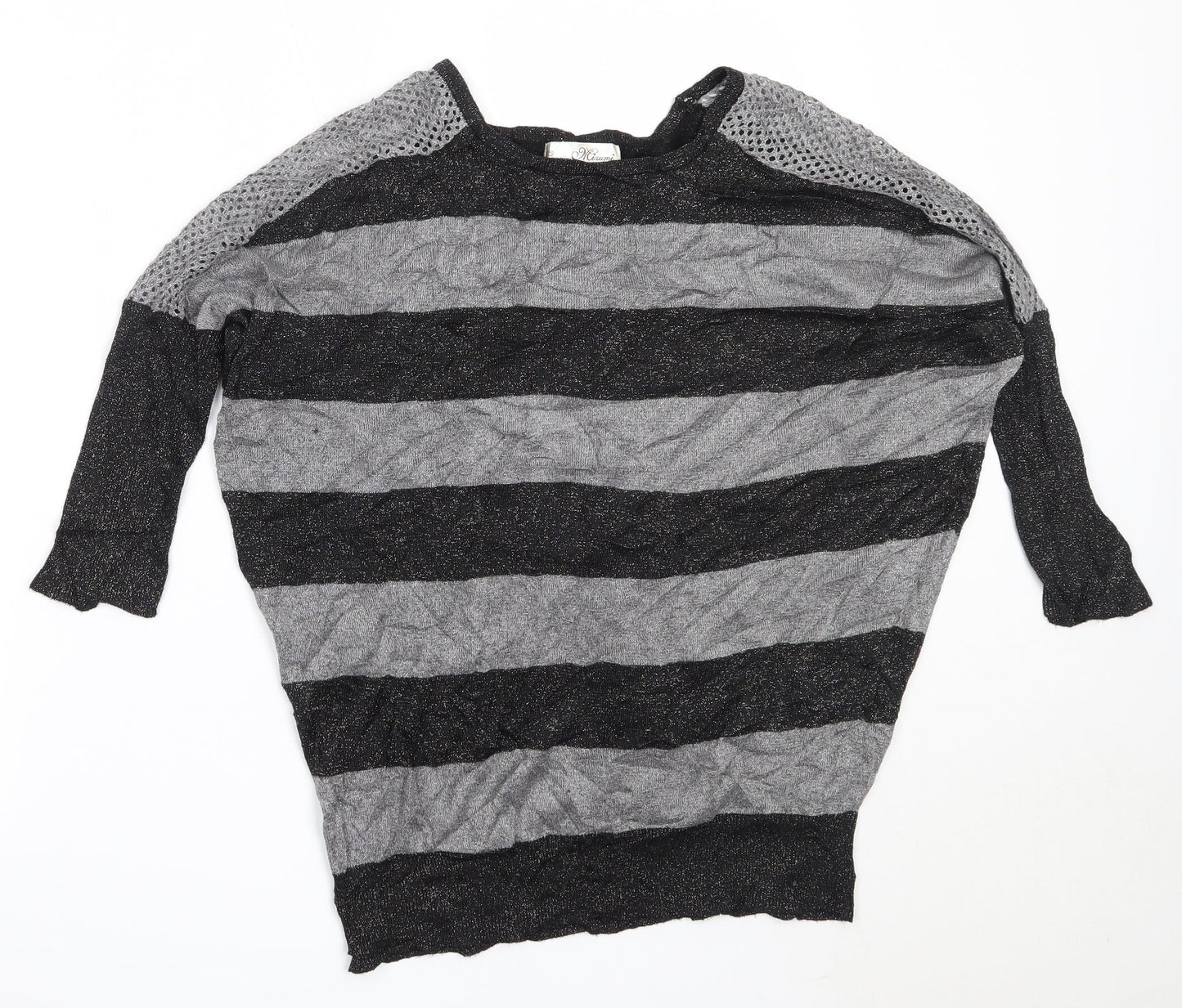 Misumi Womens Black Round Neck Striped Cotton Pullover Jumper Size M