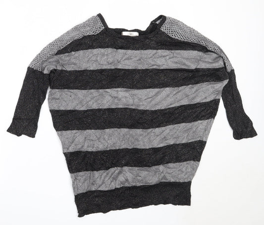 Misumi Womens Black Round Neck Striped Cotton Pullover Jumper Size M