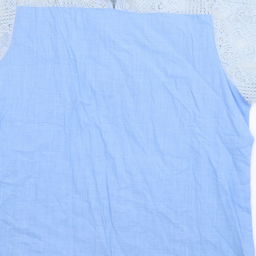 Preworn Womens Blue  Cotton Basic Blouse Size XL Round Neck - crochet detail