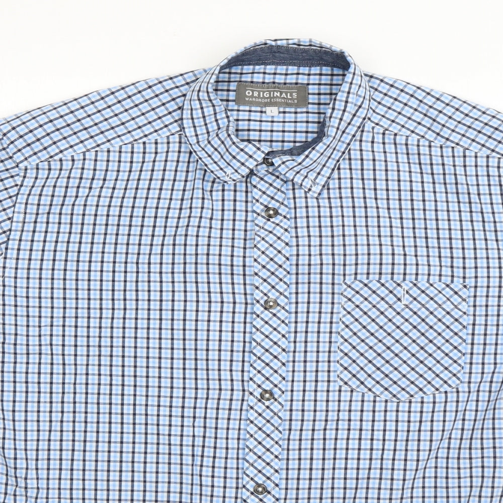 Originals Mens Blue Check Cotton  Button-Up Size L Collared Button