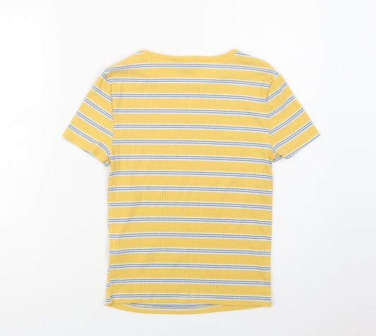 New Look Womens Yellow Striped Polyester Basic Blouse Size 10 Crew Neck