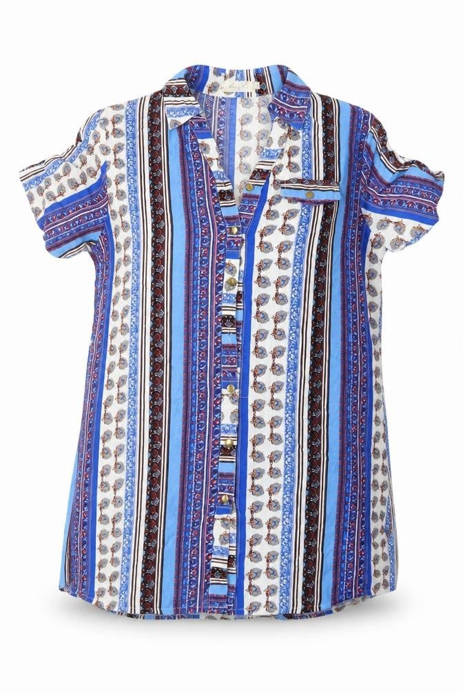 Hong Da Womens Blue Geometric Polyester Basic Button-Up Size XL Collared