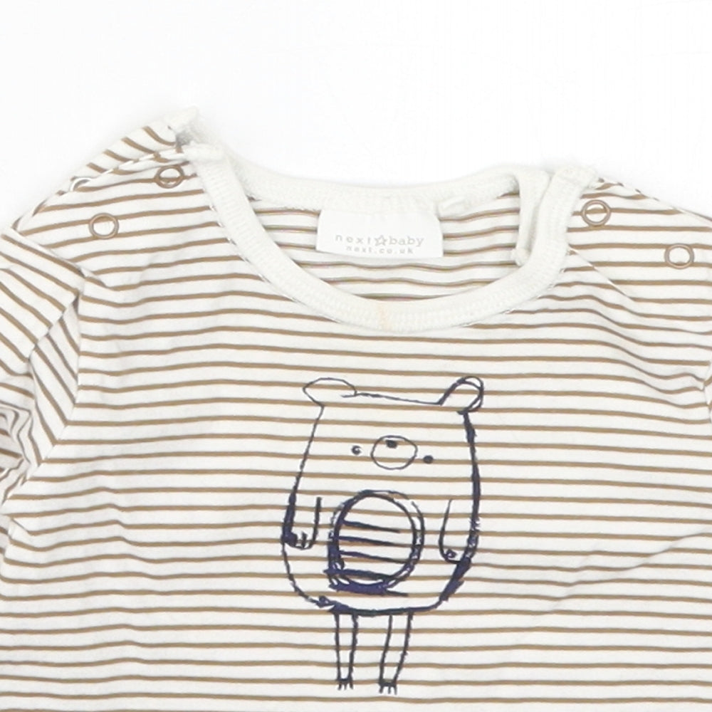 NEXT Boys Brown Striped Cotton Basic T-Shirt Size 0-3 Months Round Neck Button - Bear