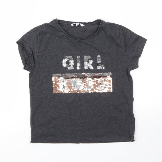 Miss Evie Girls Grey  Cotton Basic T-Shirt Size 7 Years Round Neck