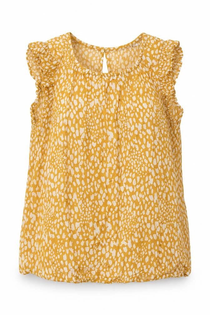 Primark Girls Yellow Animal Print Viscose Basic T-Shirt Size 7-8 Years Crew Neck Button - frill arms