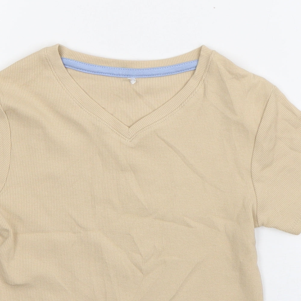 George Boys Beige  Cotton Basic T-Shirt Size 7-8 Years V-Neck Pullover