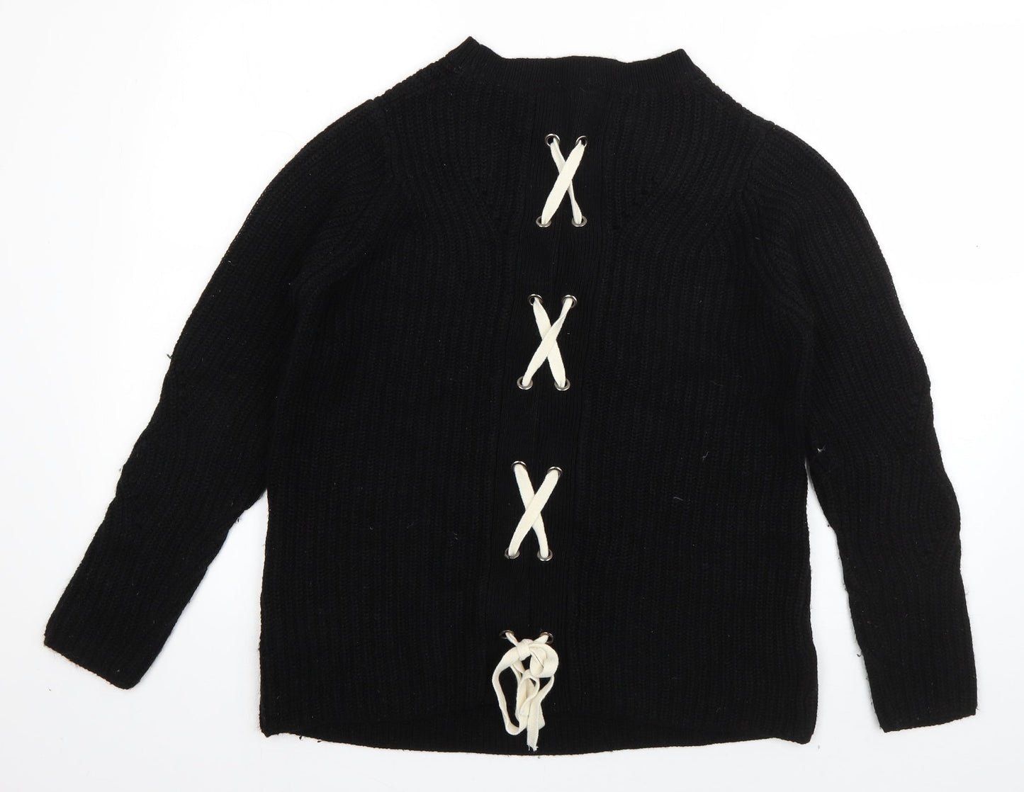 Papaya Womens Black Crew Neck  Acrylic Pullover Jumper Size S   - Lace up detail