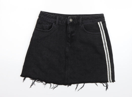 Denim & Co. Womens Black Striped Cotton A-Line Skirt Size 12   Button