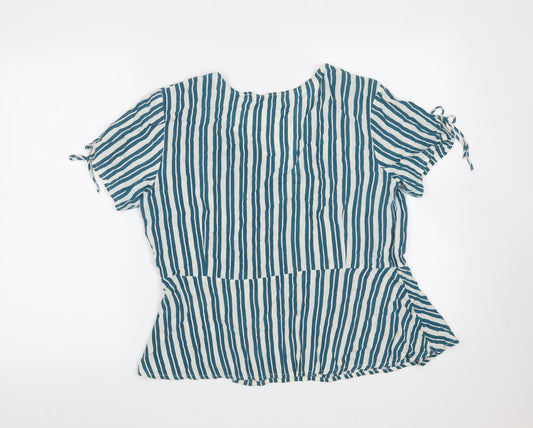 Springfield Womens Blue Striped Cotton Blend Basic Blouse Size 12 V-Neck
