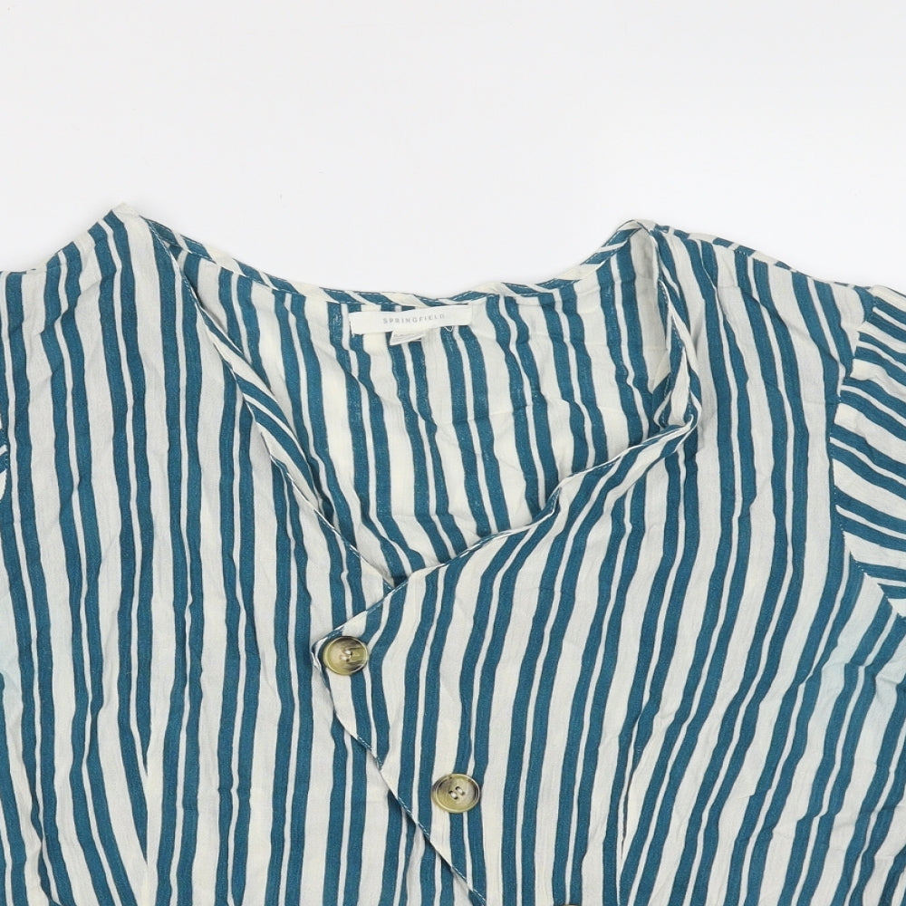 Springfield Womens Blue Striped Cotton Blend Basic Blouse Size 12 V-Neck