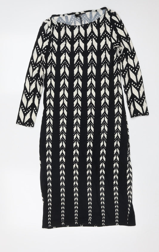 Preworn Womens Black Geometric Viscose Shift  Size 8  Round Neck