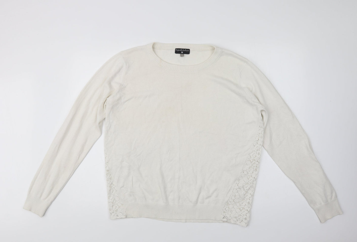 Originals Knitwear Womens White Crew Neck  Cotton Pullover Jumper Size L   - Lace Detail