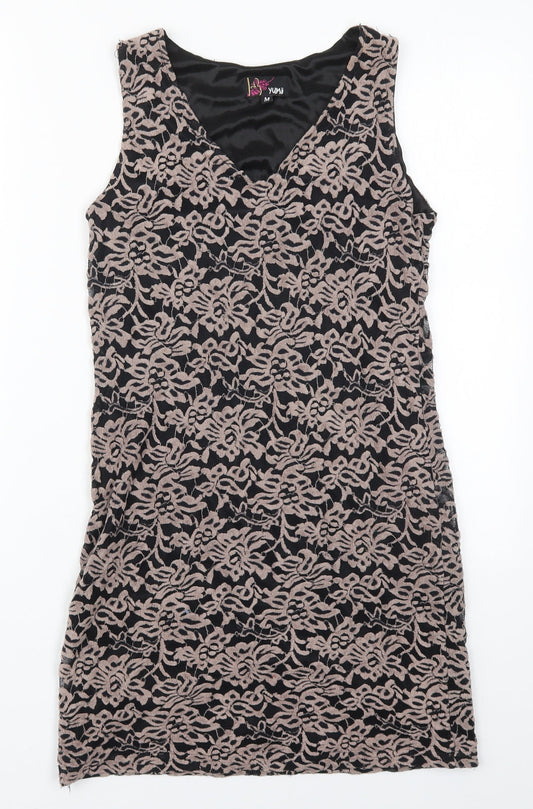 Yumi Womens Brown Floral Polyester Mini  Size M  V-Neck Pullover